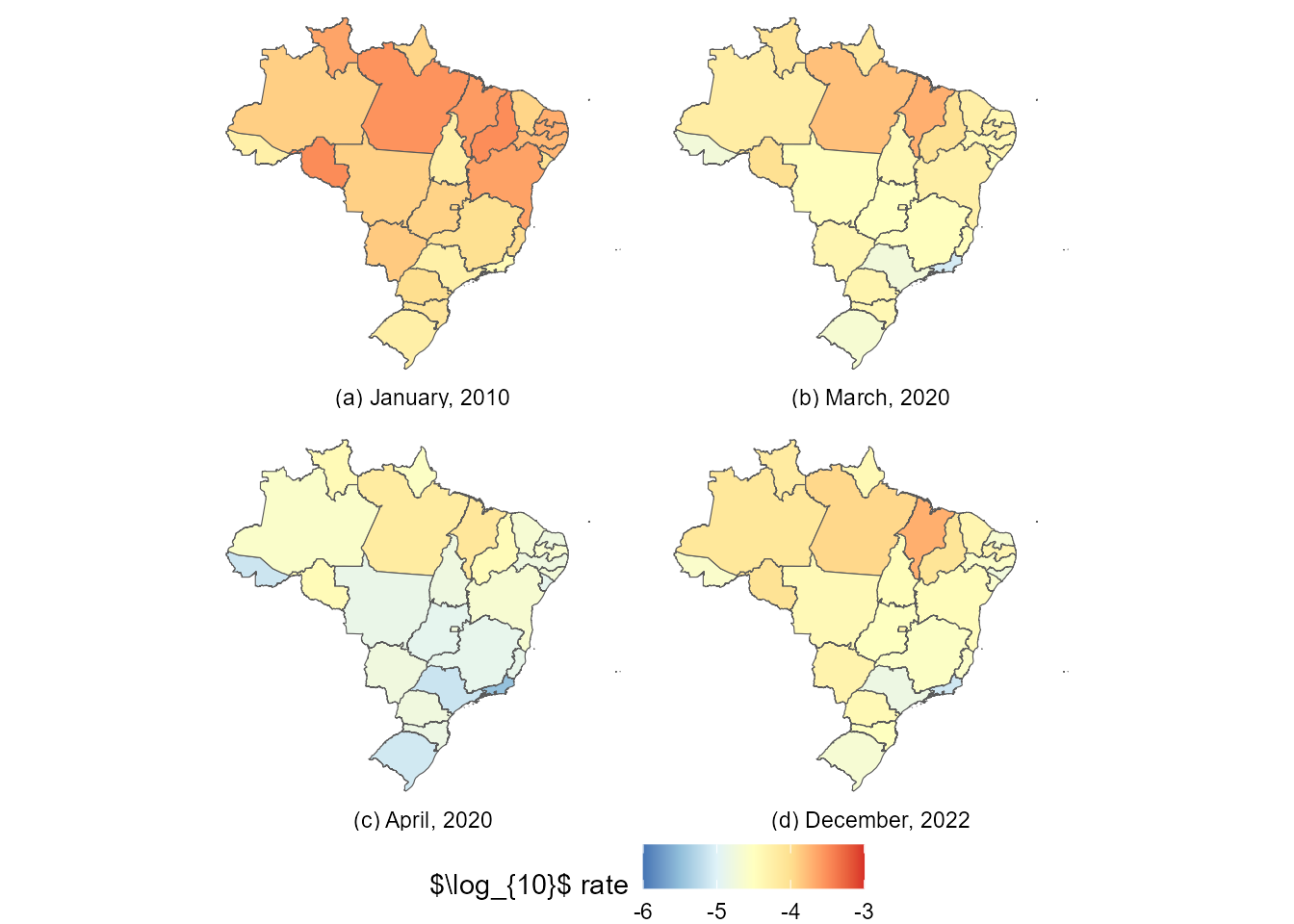 The $\log_{10}$ hospital admissions rate by gastroenteritis in Brazilian states at 4 key moments: (a) January of 2010, were our data begins; (b) March of 2020, the month were the first case of COVID-19 was registered in Brazil and before public response; (c) April of 2020, the first month of the pandemic period; and (d) December of 2022, the end of the period of study and roughly 2 years after the beginning of the pandemic. Notice that from (a) to (b) 10 years had passed and we see that a steady and smoothly yearly reductions of hospital admissions led to a significantly reduction of the rate of hospital. In contrast, from (b) to (c), only 1 month had passed, but we see a reduction that, proportionally, is event greater than from (a) to (b). Lastly, from (c) to (d), after roughly 2 years, the rate of hospital admissions seems to be going back to what was seen in (c).